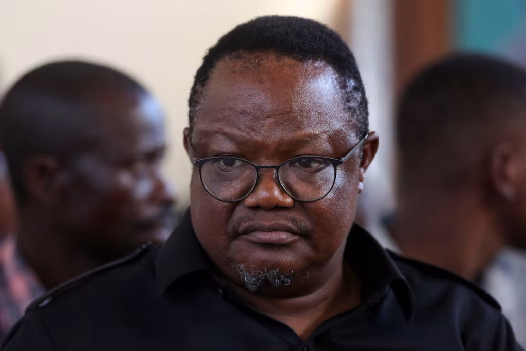 Tanzanian opposition leader and former presidential candidate of CHADEMA party Tundu Lissu sits inside the Kisutu Resident Magistrate's Court in Dar es Salaam, Tanzania April 10, 2025